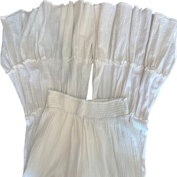 Storia Cream Wide Leg Ruffle Boho Pants Smocked Waist Tiered Hem L - Picture 2 of 8